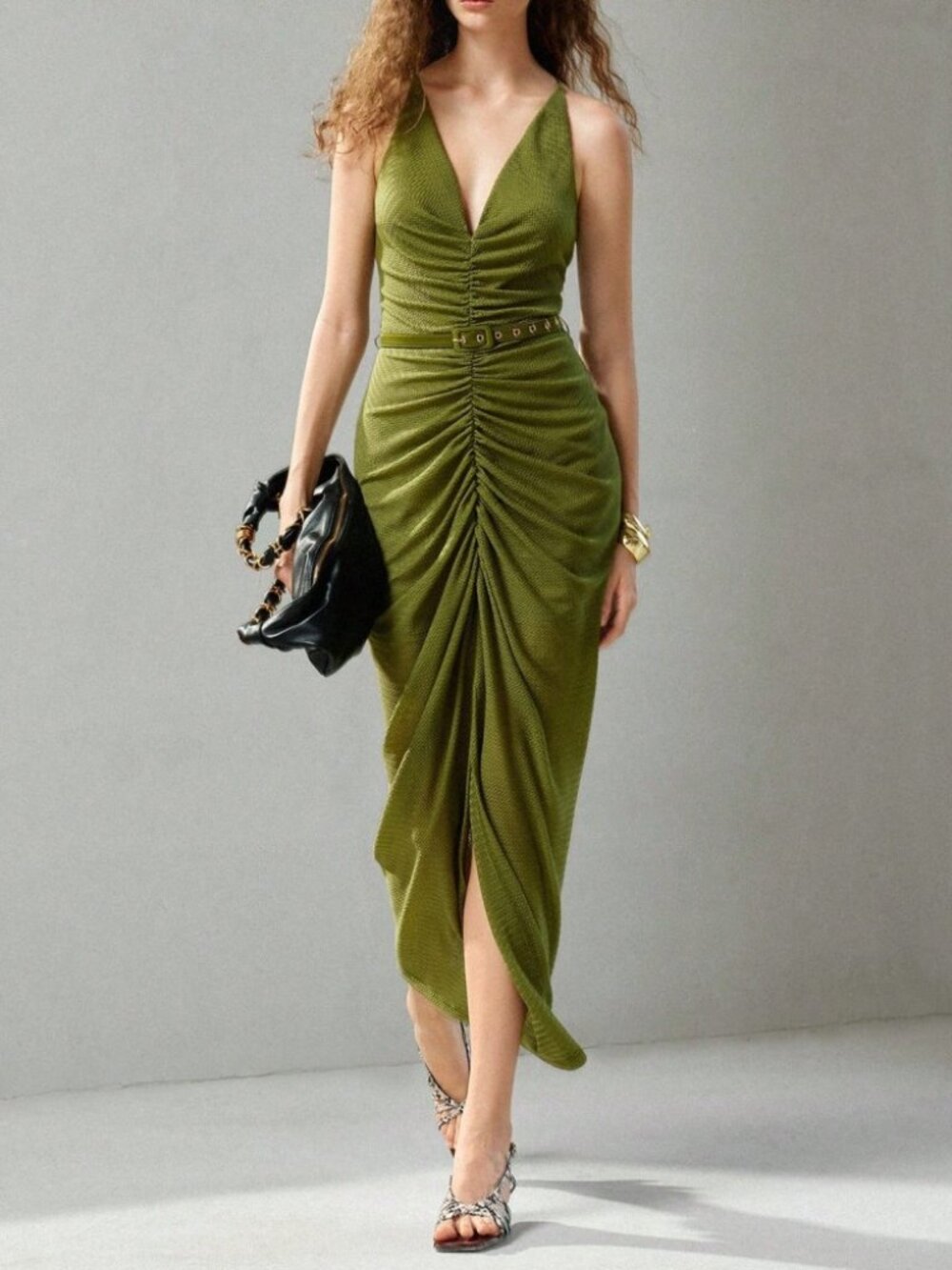 Olive Green Ruched Deep V-Neck Slit Maxi Dress
